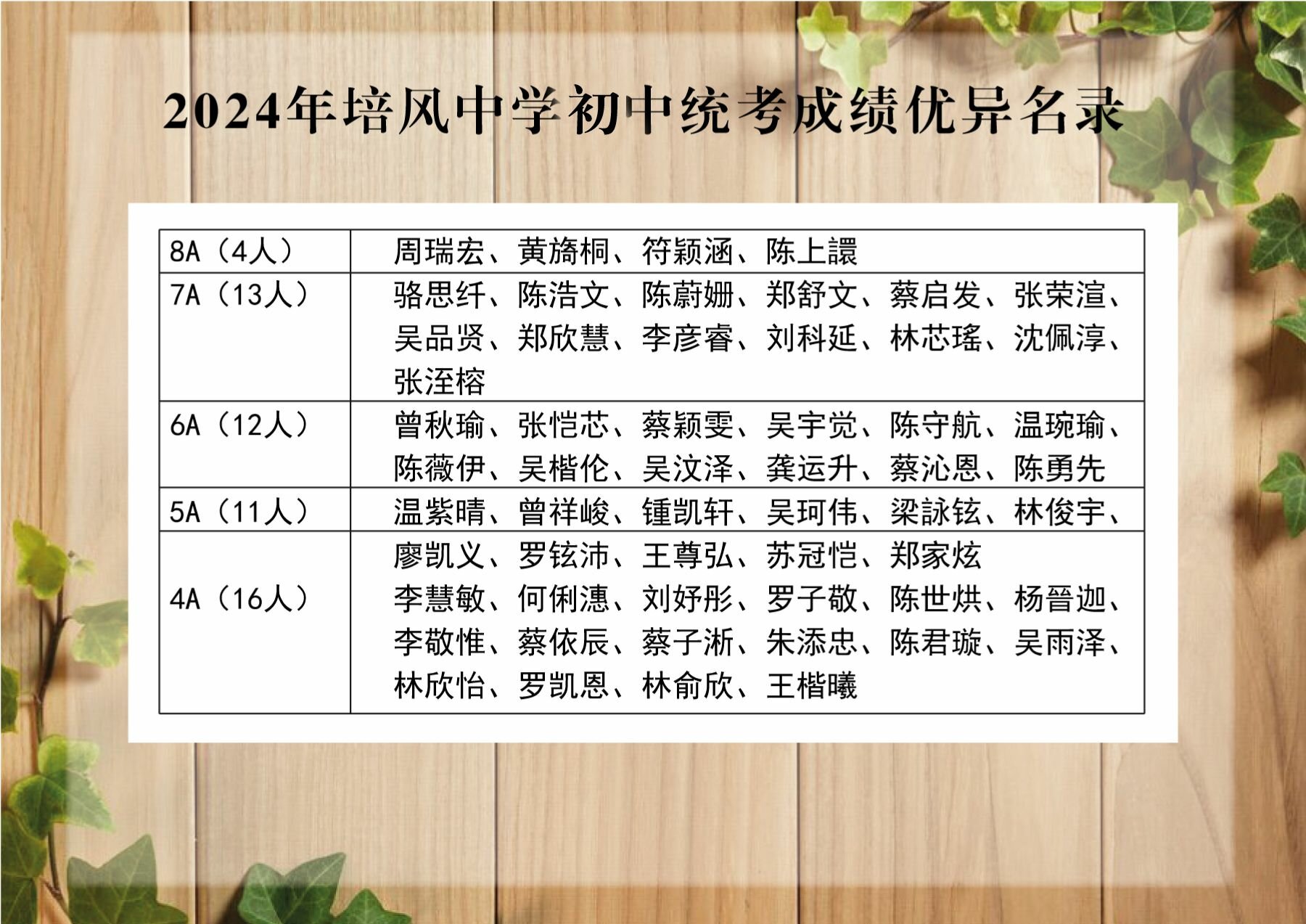 2024年度培风中学初中统考成绩优异名录