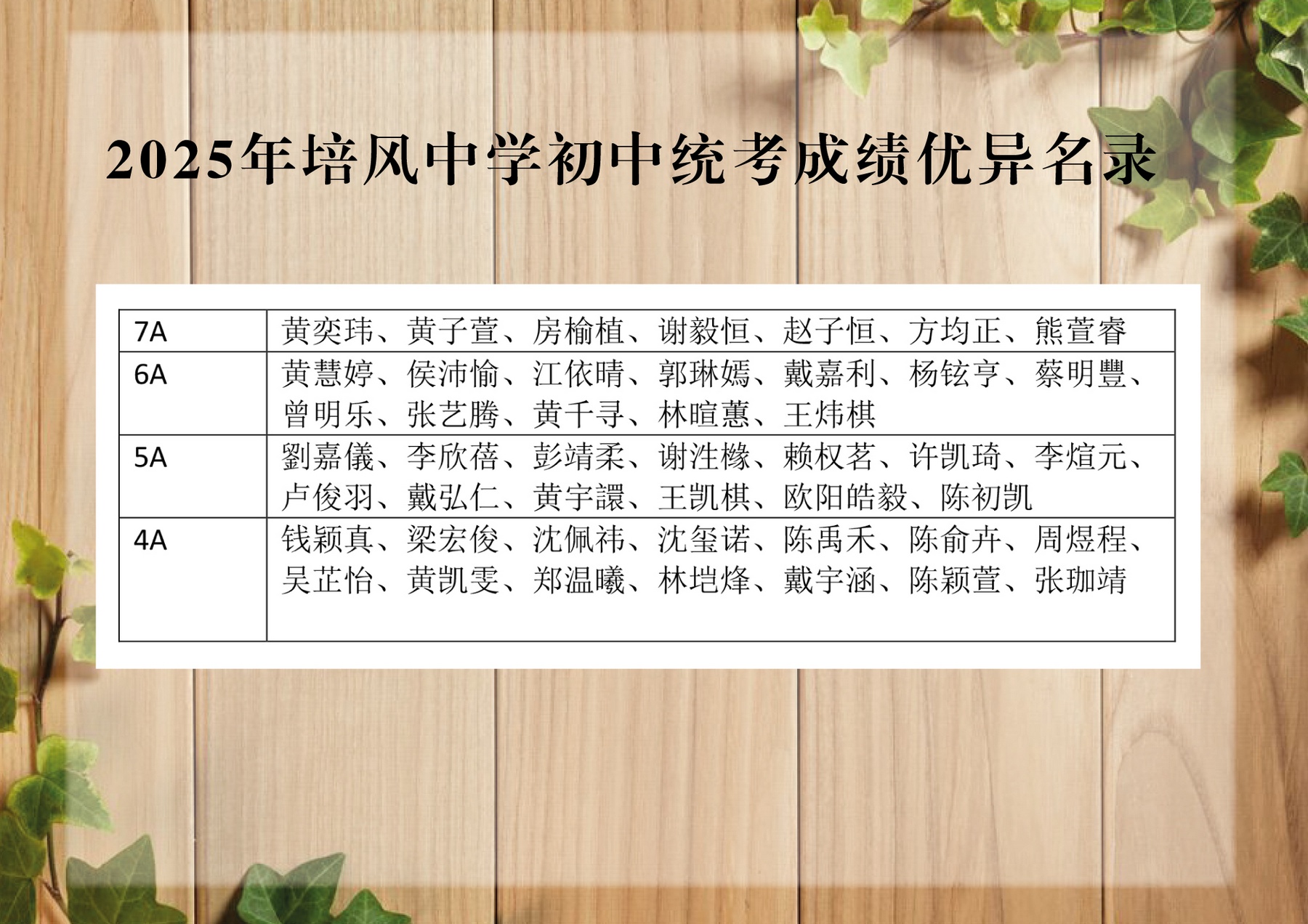 2025年度培风中学初中统考成绩优异名录